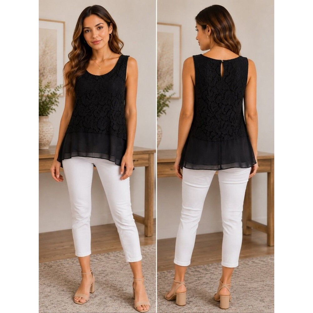 Elie Tahari Women Sheer Black Crochet Silk Cotton Sleeveless Shirt Whimsigoth M